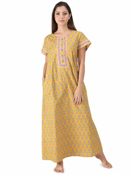 NIHSAMAH Core Style Cotton Night Gown for Women ? Premium Printed Stylish Long Cotton Nighty | Comfortable & Fancy Sleepwear, Nightwear, Maxi