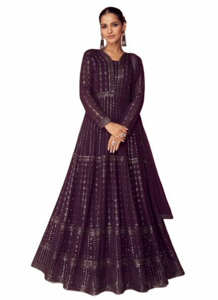 Miss Ethnik Women's Faux Georgette Stitched Top With Unstitched Santoon Bottom and Dupatta Full Sleeve Embroidered Anarkali Gown