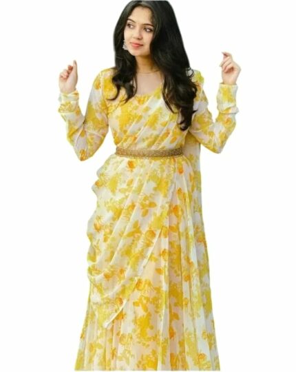 DIGAMBARA Digital Floral Printed Georgette Anarkali Gown for Women, Ethnic Wear, Fit and Flare Dresses with Dupatta for Womens and Girls, Yellow