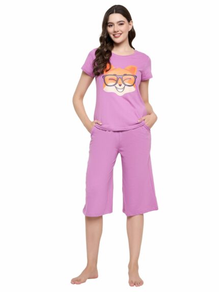 Clovia Cotton Night Suits For Women, Night Dresses For Women, Relaxed Capri Night Suit For Women, Women's Night Suit Set, Night Wear For Women, Lounge Wear Set For Women - Top & Capri Set