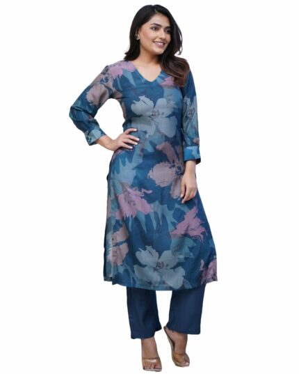 GoSriKi Women's Rayon Viscose Straight Printed Kurta with Pant