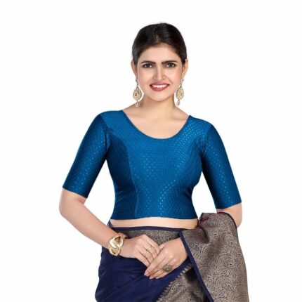 FINESTFIT Round Neck Dobby Fabric Stretchable Elbow Sleeve Readymade Saree Blouse for Women