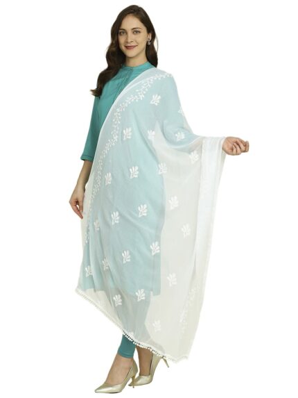 DUPATTA BAZAAR Women's White Embroidered Chiffon Dupatta With Pom Pom Lace, Free Size