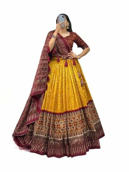 Jay Varudi Creation Lehenga Choli Women's Trending Designeer Tussar Silk Lehenga Choli Print with Foil Work With Unstitched Blouse Patola Print Adorned with Foil Work For Navrati & Wedding (17)