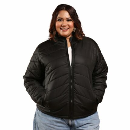 Instafab Plus Women's Puffer Jacket For Casual Wear | High Neck | Long Cuff Sleeves | Button Closure | Plus Size Jacket Crafted With Comfort Fit For Everyday Wear