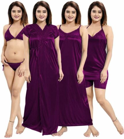 PHKMALL Women's Satin Nightwear Set of 6 Pcs Wrap Gown, Nighty, Top, Shorts, Bra and Panty(6p Shorts) Latest