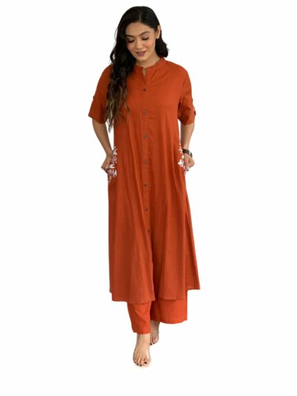 Preeson Women's Pure Cotton Chick Embroidery Solid Co-Ord Set | Ethnic Half Sleeves Cotton Kurta Pants Set