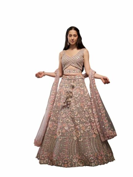 Women's Lavender - Multi Sequins Embroidered Net Semi-Stitched Bridal Lehenga choli