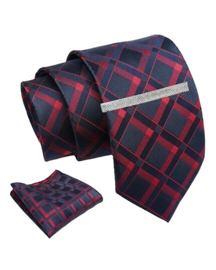Axlon Blue Geometric Checkered Tie For Men ? Formal Ties Set With Pocket Square & Tie Pin Clip For Mens, Silk Neckties Gift Sets For Men?s (AXNW16)