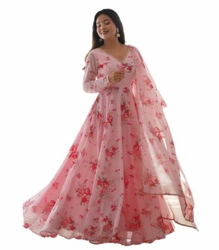 DIGAMBARA Digital Floral Printed Georgette Anarkali Gown for Women, Ethnic Wear, Full Sleeves, Fit and Flare Dresses with Dupatta for Womens and Girls, Peach