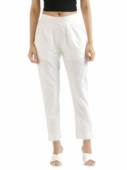 SAADAA Women Cotton Pant Half-Elasticated Waist Regular Slim Fit Trouser, Pocket Pants for Office School Formal Casual Daily Use