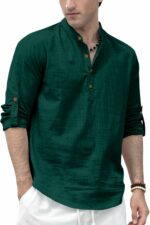 Zombom Men's Solid Cotton Blend Straight Kurta Shirt, Regular Fit Full Sleeve Short Kurta Shirt