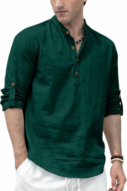 Zombom Men's Solid Cotton Blend Straight Kurta Shirt, Regular Fit Full Sleeve Short Kurta Shirt