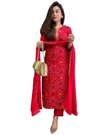 GoSriKi Women's Rayon Viscose Straight Bandhej Printed Kurta with Pant & Dupatta