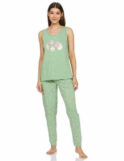 Amazon Brand - Symbol Women Cotton Regular Fit Sleveless Top and Jogger Night Suit (Night Wear | Lounge Wear Set)