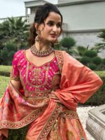 Women's Astonishing Peach Zari Weaving Banarasi Silk Wedding Lehenga Choli - Image 2
