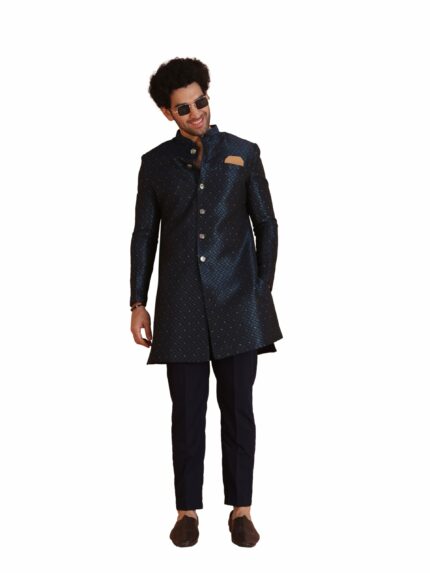 KISAH Men's Navy Blue Jacquard Indowestern Sherwani & Pajama Set ? Regular Fit, Mandarin Collar | Indian Wedding & Festive Wear