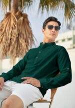 Zombom Men's Solid Cotton Blend Straight Kurta Shirt, Regular Fit Full Sleeve Short Kurta Shirt - Image 4