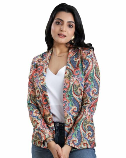 Fabcurate Signature Chic Jacket for Women | Versatile Everyday to Special Occasions | All-Season Poly Rayon Jacket in Pink and Blue with Notched Collar, Full Sleeves, Regular Fit