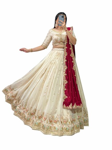 MODEMIX Designer Bridal Lehenga Choli Set with Embroidered Border, Off-White and Maroon, Traditional