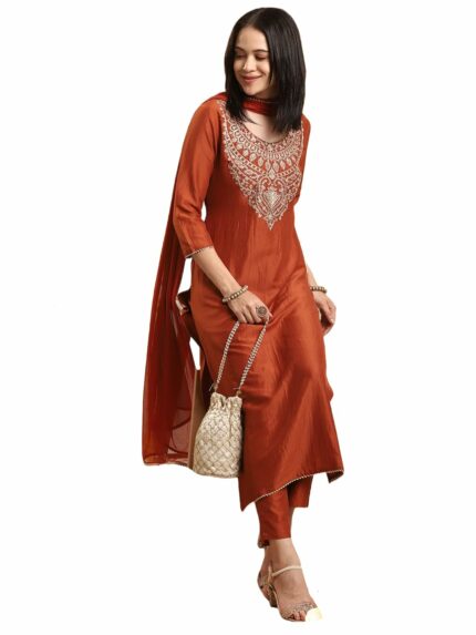 GoSriKi Women's Rayon Viscose Straight Embroidered Kurta with Pant & Dupatta