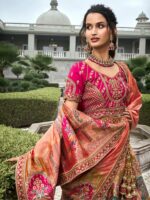 Women's Astonishing Peach Zari Weaving Banarasi Silk Wedding Lehenga Choli - Image 3
