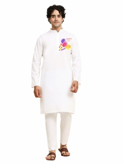 Efinito Men's Holi Printed Kurta Pajama Set ? 100% Cotton, White Ethnic Wear for Festival & Celebration
