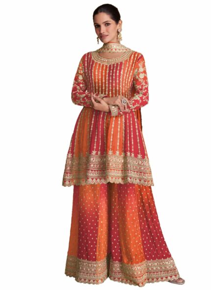 Miss Ethnik Dual Tone Strip Chinon Heavy Embroidered Stitched Sharara Suit Set With Dupatta (ME-1129)
