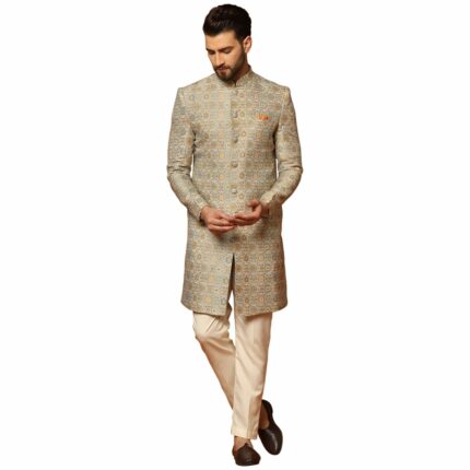 KISAH Men's Multicolor Sherwani Trousers Set, Indo-Western, Cotton Full Sleaves, Knee Length, Straight, Regular Fit, Mandarin Collar Ethnic wear