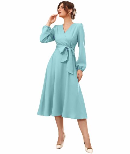 Vivvli Women's Polyester A-line V-Neck Bishop Sleeve Midi Belted Dress