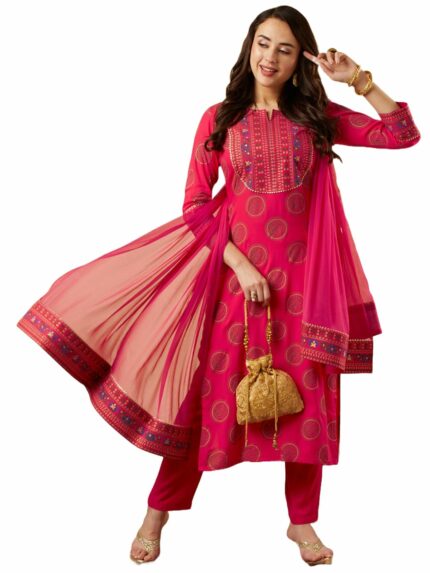 GoSriKi Women's Cotton Blend Kurta with Pant & Dupatta