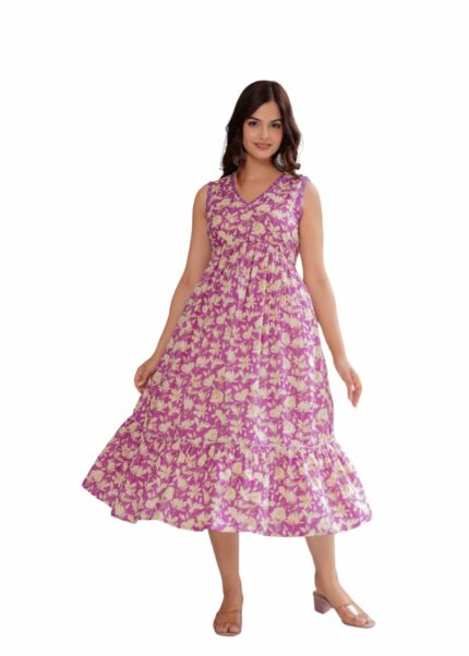 Women Flower Print Anarkali Maxi Gown Dress for Casual one Pics Western Sleeveless V Neck Cotton Blend, Below Knee Length Nighty.