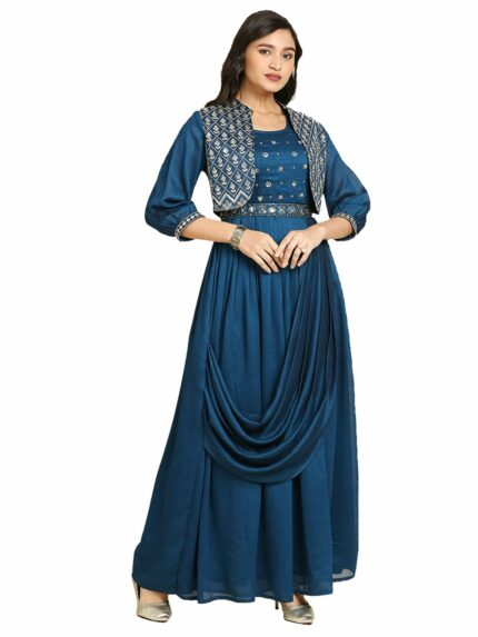 madhuram Women's Long Gown for Solid Silk with Heavy Embroidery and Hand Work Belt and Jacket with Round Neck Gown(M-2424)
