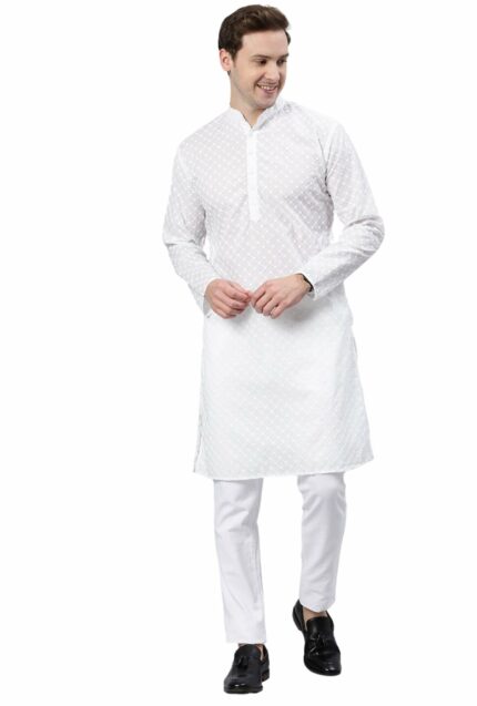 Majestic Man Men Polyester Cotton Blend Mandarin Collar Ethnic Motifs Embroidered Long Regular Kurta