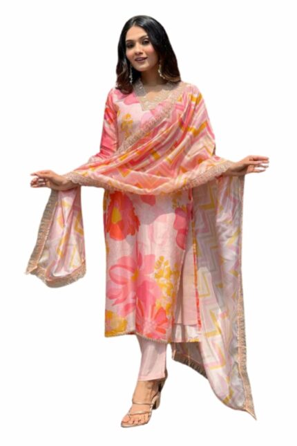 SHIENZY Women's Casual Cotton Blend Floral Printed V Neck Straight Traditional Suit Salwar with Dupatta || Matching Kurta Pant Sets || Festive Ethnicwear