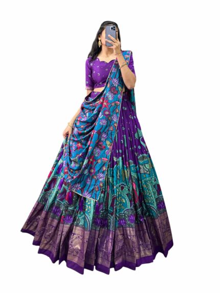 Women's Dot & Ikkat Print With foil work Tussar Silk Lehenga Choli Set