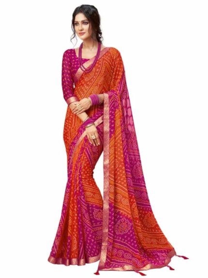 SIRIL Women's Bandhani Printed Chiffon Saree with Blouse