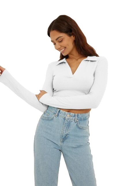 AUSK Women's Regular Fit Crop top Full Sleeves Polo Neck