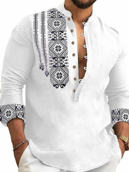 DEELMO Men's Cotton Blend Mandarin Collar Self One Design Full Sleeve Casual Short Kurta