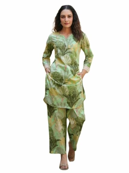 NAINVISH Ethnic Cotton Blend Co Ord Set | Casual Wear Pant Top Set | Fancy Co-Ord Set | Full Pair Set | Women Kurta Sets Kurtis | Women Kurta Pant Set | Coord Sets for Women | Green Top Pant Set