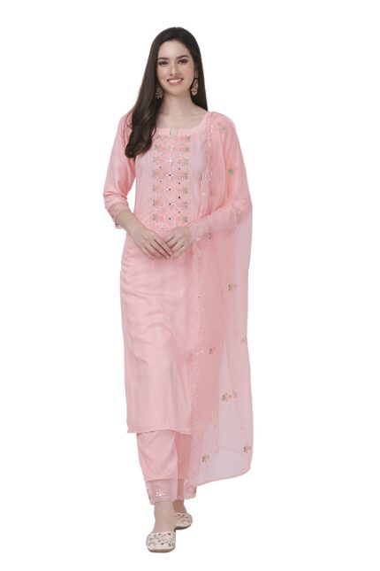 Trendmalls Women's Cotton Embroidery Salwar Suit Set Kurta Pant with Dupatta Kurta Set for Women PeachPink