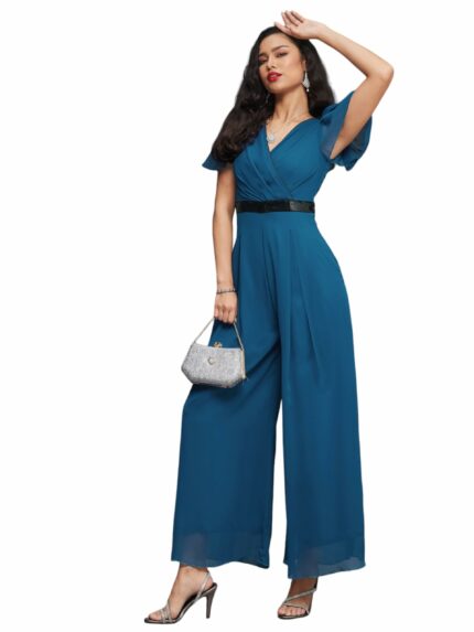 Miss Chase Women's Solid Relaxed Fit Short Sleeve V-Neck Jumpsuit with Pockets