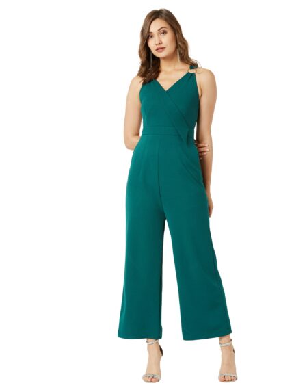 Miss Chase Women's Wine V-Neck Sleeveless Solid Wrap Regular Jumpsuit