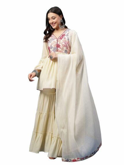AHMI New Rayon Floral Printed Top Sharara With Dupatta Indo Western Set For Women | Women Kurta Sharara With Dupatta Set