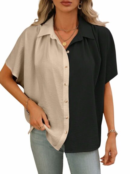 GRECIILOOKS Women's Short Sleeve Button-Down Shirt | Printed Casual Crop Top | Stylish Collared Shirt for Women | Oversized Shirt for Woman