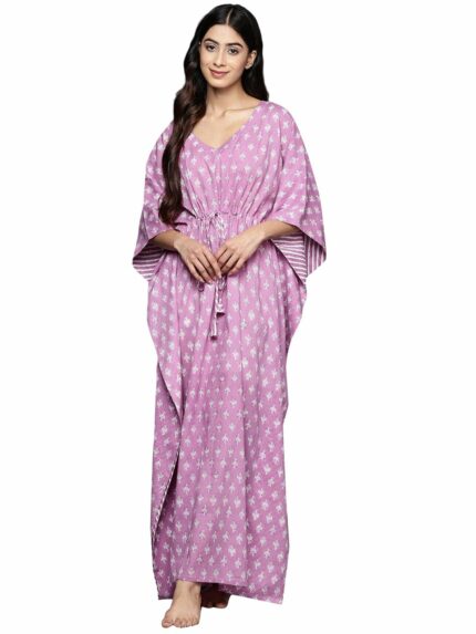 Libas Women's Lavender Printed Cotton Kaftan Standard Length Night Dress