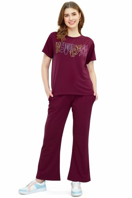 ZEYO Women's Cotton Typography Wide Bottom Night Suit Set Of Top & Pajama Set