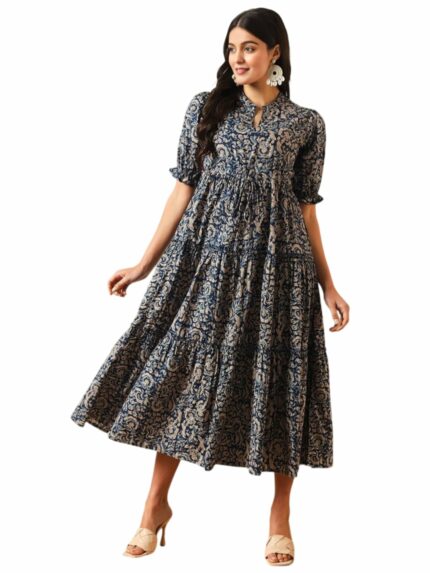 PRESHA Women's Fit and Flare Pure Cotton Long Maxi Dress (SP-11 Blue)