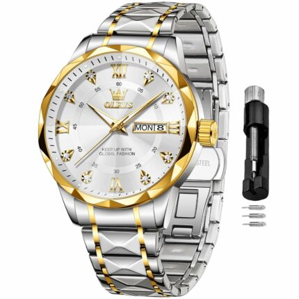 OLEVS Watches For Men Diamond Date Day Calendar Black Wrist Watches Quartz Analog Business Stainless Steel Two Tone Waterproof Luminous Men Watch