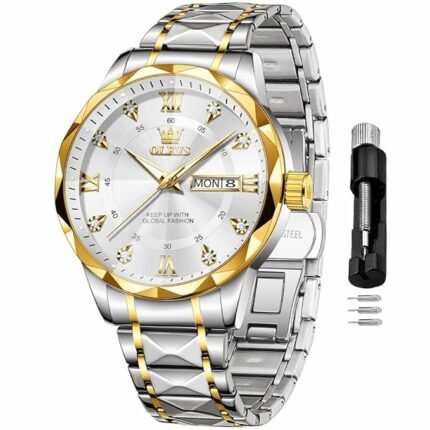 OLEVS Watches For Men Diamond Date Day Calendar Black Wrist Watches Quartz Analog Business Stainless Steel Two Tone Waterproof Luminous Men Watch